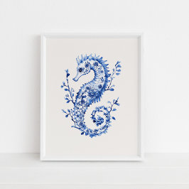ブルーシーホース – Coastal Blue on Beige Wall Art ポスター