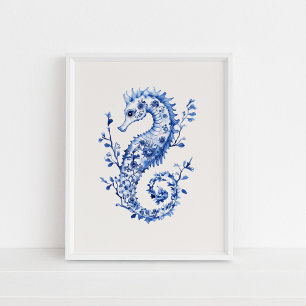 ブルーシーホース – Coastal Blue on Beige Wall Art ポスター