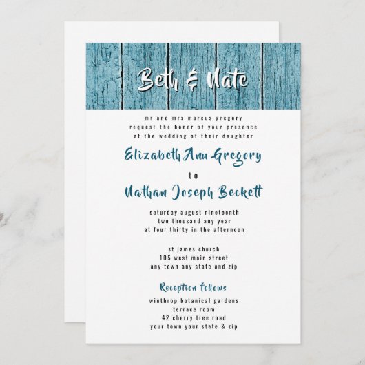 ブルーシ素朴プラップ伝統的結婚式招待状 招待状 (正面/裏面)