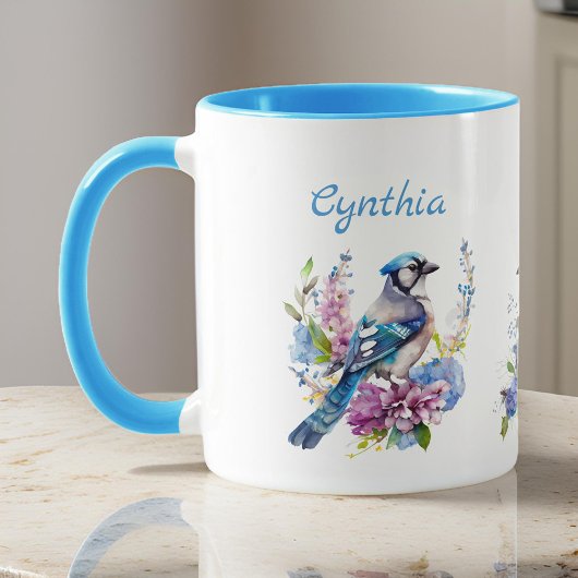 ブルージェイかわいらしズ&サマーフラワーズモノグラム名 マグカップ