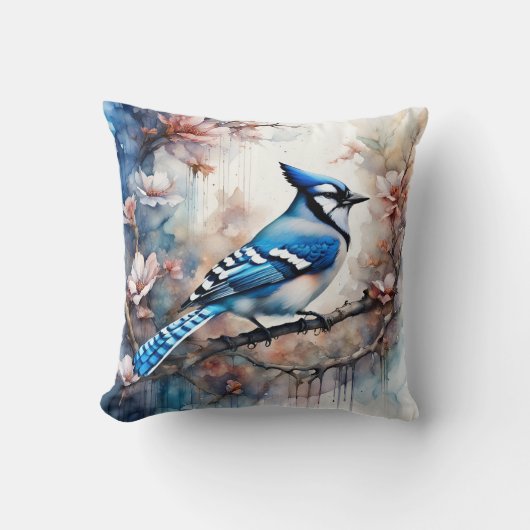 ブルージェイさくらんぼ花の水色 クッション (正面)