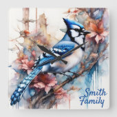 ブルージェイさくらんぼ花の水色 スクエア壁時計 (正面)