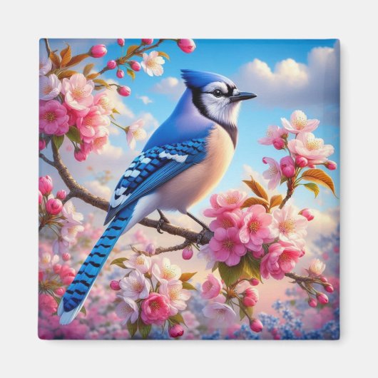 ブルージェイの花柄の春のイラスト マグネット (正面)