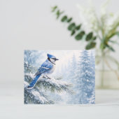 ブルージェイの鳥の雪に覆われた冬の森の水彩画 ポストカード (スタンド正面)