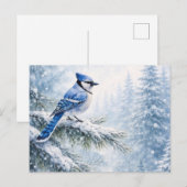 ブルージェイの鳥の雪に覆われた冬の森の水彩画 ポストカード (正面/裏面)