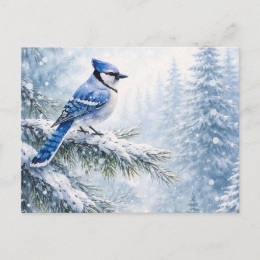 ブルージェイの鳥の雪に覆われた冬の森の水彩画 ポストカード (正面)