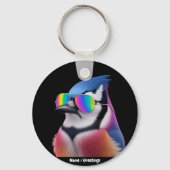 ブルージェイクールバードサングラスを着たレトロ キーホルダー (裏面)