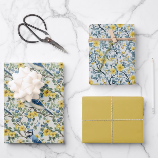 ブルージェイズバードブランチと花 ラッピングペーパーシート (正面)