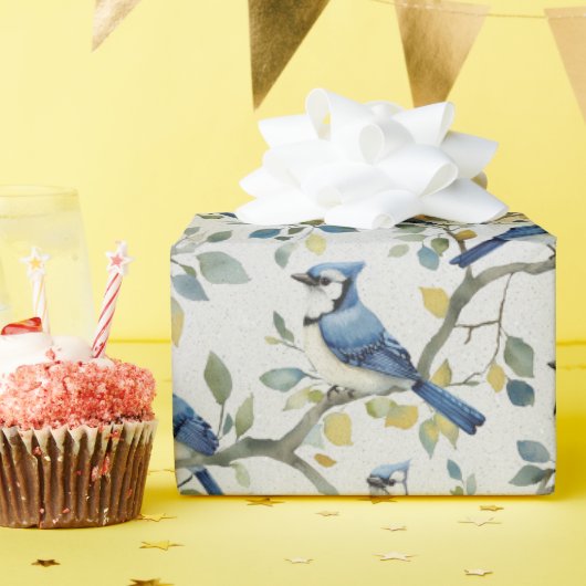 ブルージェイズバードブランチと花 ラッピングペーパー (誕生日パーティー)