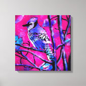 ブルージェイバードオンツリーブランチピンク抽象芸術アート キャンバスプリント (正面)