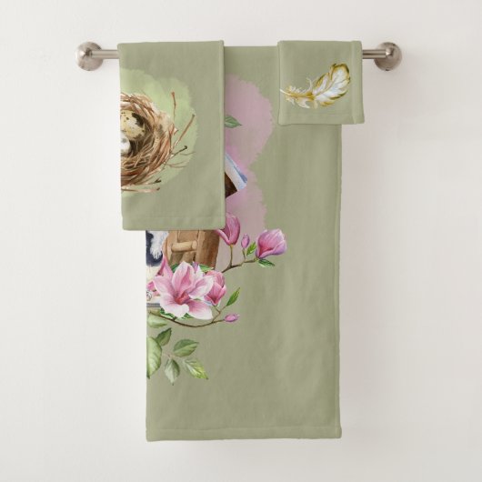 ブルージェイバードハウスフラワーズネストフェザーブルーピンク バスタオルセット (インサイチュ)
