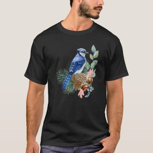 ブルージェイ鳥かわいい鳥の動物グラフィック Tシャツ (正面)