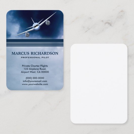 ブルージェット飛行機飛んでいるインザスカイチャーターパイロット 名刺 (正面/裏面)