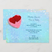 ブルージェネリックパーティー上のピンクと赤いハート 招待状 (正面/裏面)