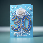 ブルージェムストーンズとパールホワイトローズ30歳の誕生日 カード