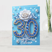 ブルージェムストーンズとパールホワイトローズ30歳の誕生日 カード (正面)