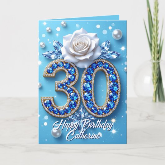 ブルージェムストーンズとパールホワイトローズ30歳の誕生日 カード (正面)
