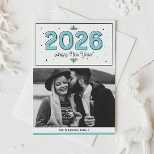 ブルージオメトリックタイポグラフィフォトハッピー新年 シーズンカード