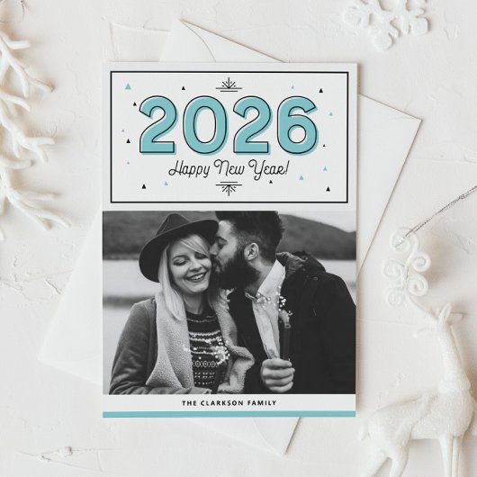 ブルージオメトリックタイポグラフィフォトハッピー新年 シーズンカード