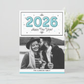 ブルージオメトリックタイポグラフィフォトハッピー新年 シーズンカード (スタンド正面)