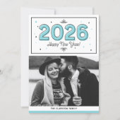 ブルージオメトリックタイポグラフィフォトハッピー新年 シーズンカード (正面)