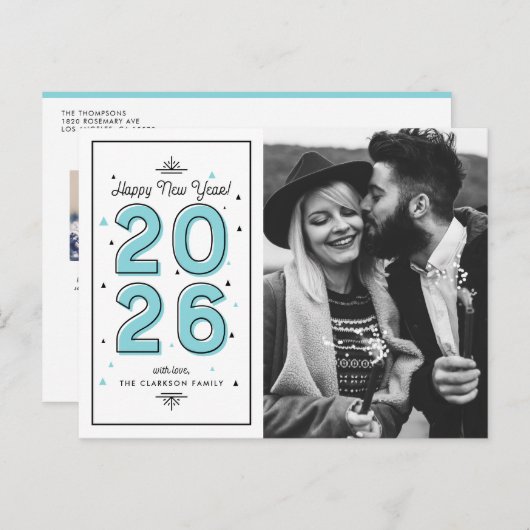 ブルージオメトリックタイポグラフィ2025年新年 シーズンポストカード (正面/裏面)