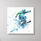 ブルージャケットのエネルギッシュなスキーヤー – スリリングなスキー キャンバスプリント (正面)
