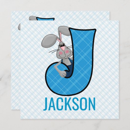 ブルージャックラビットレターJ子供の誕生日パーティー 招待状 (正面/裏面)