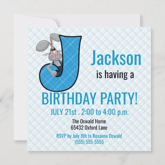 ブルージャックラビットレターJ子供の誕生日パーティー 招待状 (裏面)