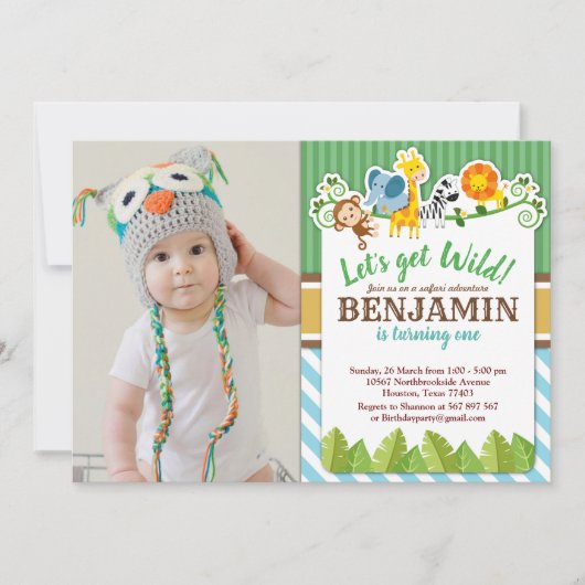 ブルージャングルサファリ動物園の動物の誕生日写真 招待状 (正面)