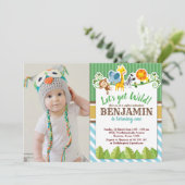 ブルージャングルサファリ動物園の動物の誕生日写真 招待状 (スタンド正面)