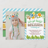 ブルージャングルサファリ動物園の動物の誕生日写真 招待状 (正面/裏面)