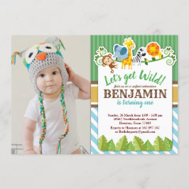 ブルージャングルサファリ動物園の動物の誕生日写真 招待状