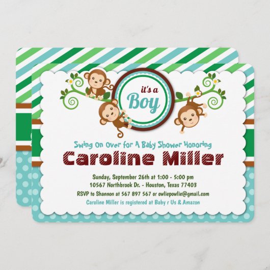ブルージャングルモンキーサファリ動物の男の子の赤ちゃんシャワー 招待状 (正面/裏面)