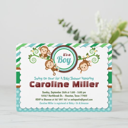 ブルージャングルモンキーサファリ動物の男の子の赤ちゃんシャワー 招待状 (スタンド正面)