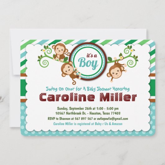 ブルージャングルモンキーサファリ動物の男の子の赤ちゃんシャワー 招待状 (正面)