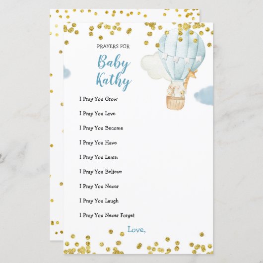 ブルージャングル熱気球祈りの言葉ベビーカード (正面/裏面)