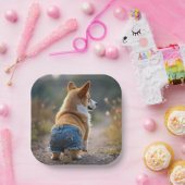 ブルージャンショーツを履いたコルギドッグ ペーパープレート (パーティー)