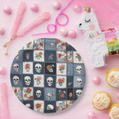 ブルージャンデニムパッチワークスカルと花模様 ペーパープレート (パーティー)