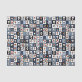 ブルージャンデニムパッチワークスカルと花模様 薄葉紙