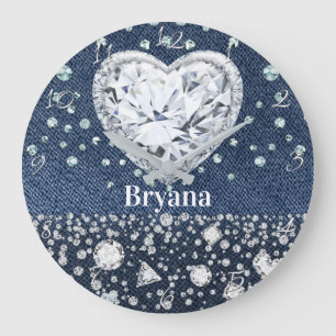 ブルージャンデニム&ダイアモンドきらきら光るハート ラージ壁時計