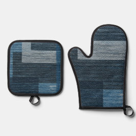 ブルージャンパッチワークフェイクバーラップデザイン 鍋つかみ&鍋敷きセット