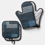 ブルージャンパッチワークフェイクバーラップデザイン 鍋つかみ&鍋敷きセット (正面/裏面)