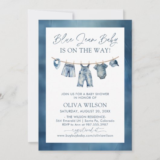 ブルージャンベビーがベビーシャワーの途中にある 招待状 (正面)