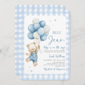 ブルージャンベビーが途中の赤ちゃんシャワー少年 招待状 (正面/裏面)