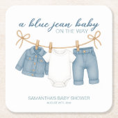 ブルージャンベビーオンザウェイベビーシャワー スクエアペーパーコースター (正面)