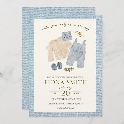 ブルージャンベビーシャワーデニムボーイ 招待状 (正面/裏面)