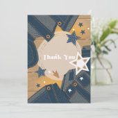 ブルージャンベビーテーマデニムパッチワークベビーシャワー サンキューカード (スタンド正面)