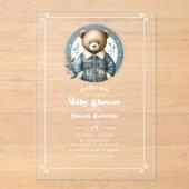 ブルージャンベビーデニムテディベアベビーシャワー アクリル招待状 (正面)