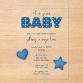 ブルージャンベビー | 赤モダンちゃんシャワー | パッチワーク アクリル招待状 (正面)